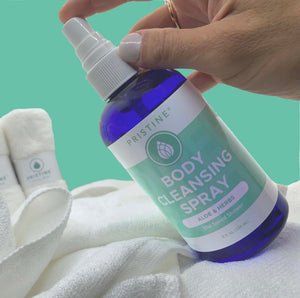 Graphic of Body Cleansing Spray bottle bring sprayed onto bamboo wash cloth