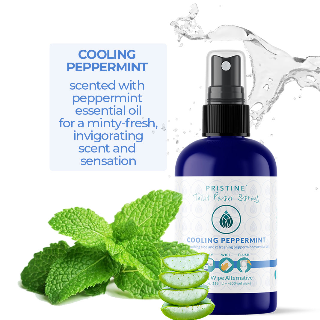 Pristine toilet paper spray wet wipe alternative in cooling peppermint scent.  Natural scented with peppermint essential oil. Minty fresh. Aloe Vera