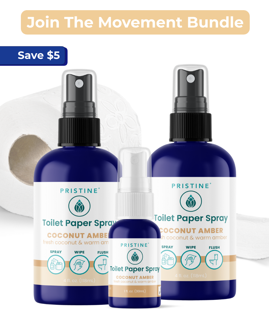 Three bottles of Pristine Toilet Paper Spray with a promotional banner above them.