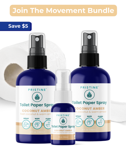 Three bottles of Pristine Toilet Paper Spray with a promotional banner above them.