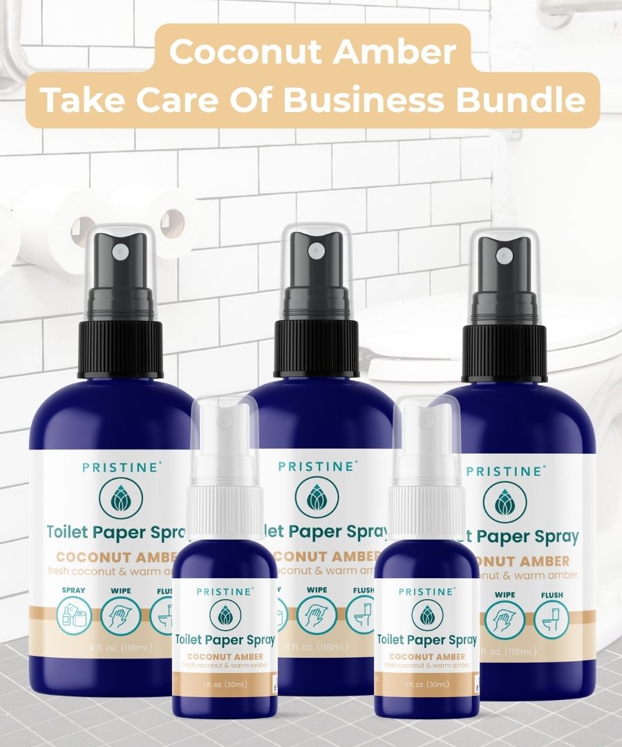 Set of Pristine Toilet Paper Sprays with labels on a tiled bathroom background