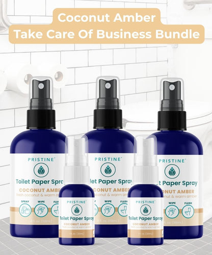 Set of Pristine Toilet Paper Sprays with labels on a tiled bathroom background