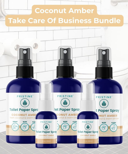 Set of Pristine Toilet Paper Sprays with labels on a tiled bathroom background