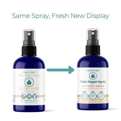 Two bottles of Pristine Toilet Paper Spray with a label change on a white background.