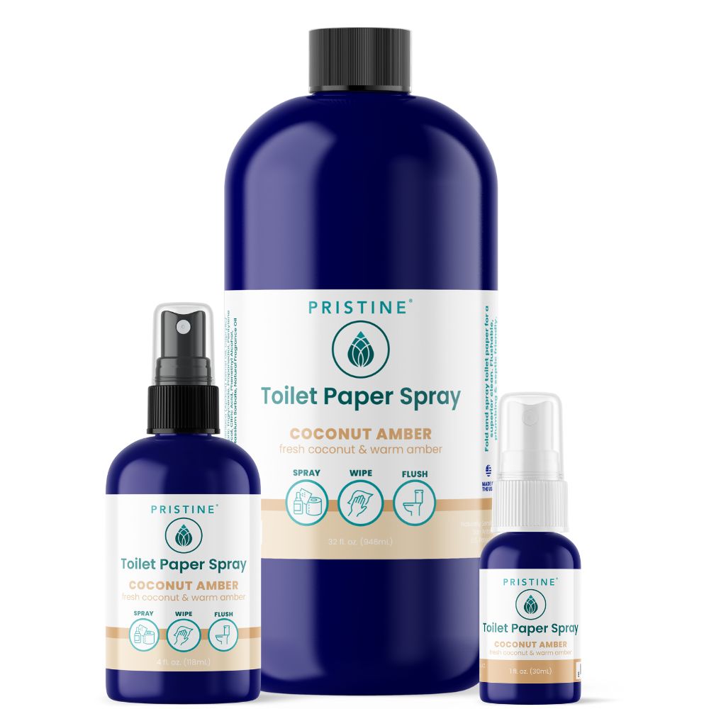Three bottles of Pristine Toilet Paper Spray on a white background