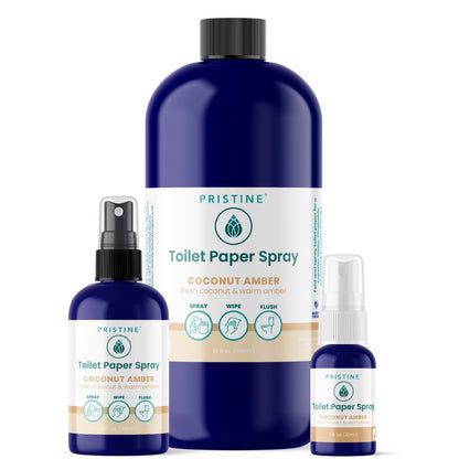 Three bottles of Pristine Toilet Paper Spray on a white background