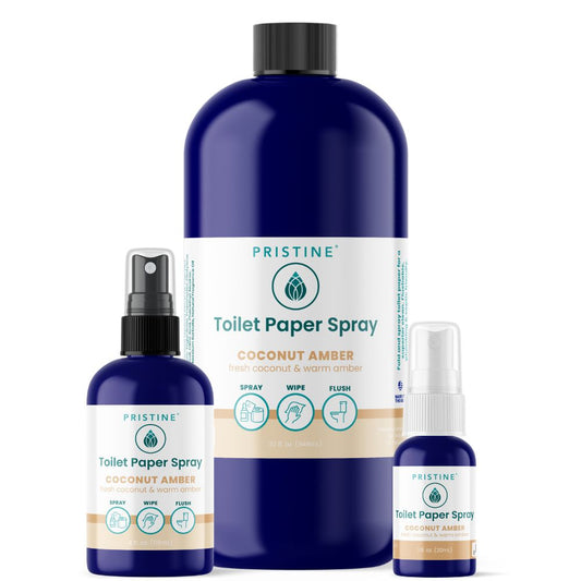 Three bottles of Pristine Toilet Paper Spray on a white background