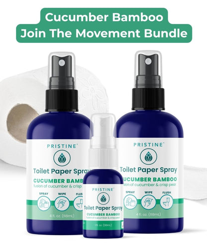 Two bottles of Pristine Cucumber Bamboo Toilet Paper Spray on a white background with text above.
