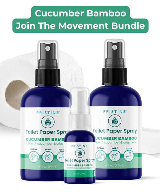 Two bottles of Pristine Cucumber Bamboo Toilet Paper Spray on a white background with text above.