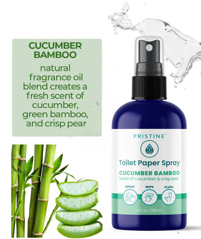 Cucumber Bamboo toilet paper spray with packaging and bamboo images on a white background