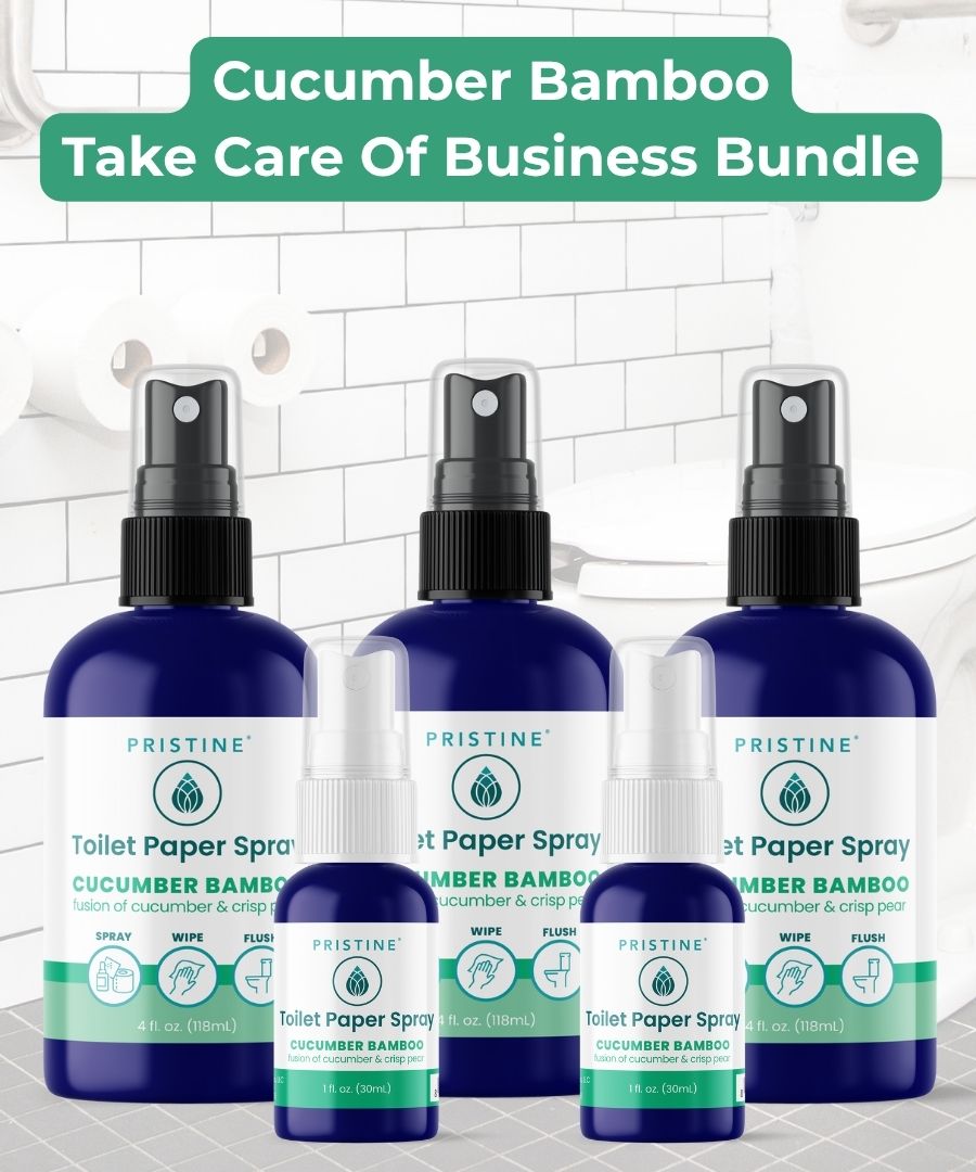 Three bottles of Pristine Cucumber Bamboo Toilet Paper Spray on a bathroom background