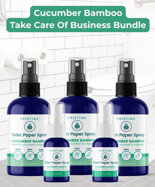 Three bottles of Pristine Cucumber Bamboo Toilet Paper Spray on a bathroom background