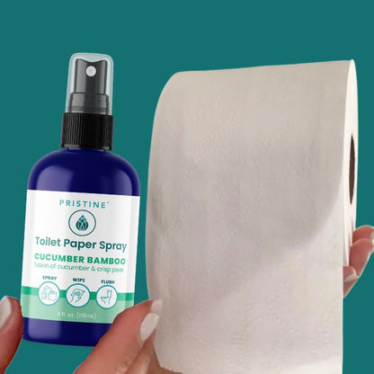 Pristine Toilet Paper Spray bottle with a roll of toilet paper on a teal background