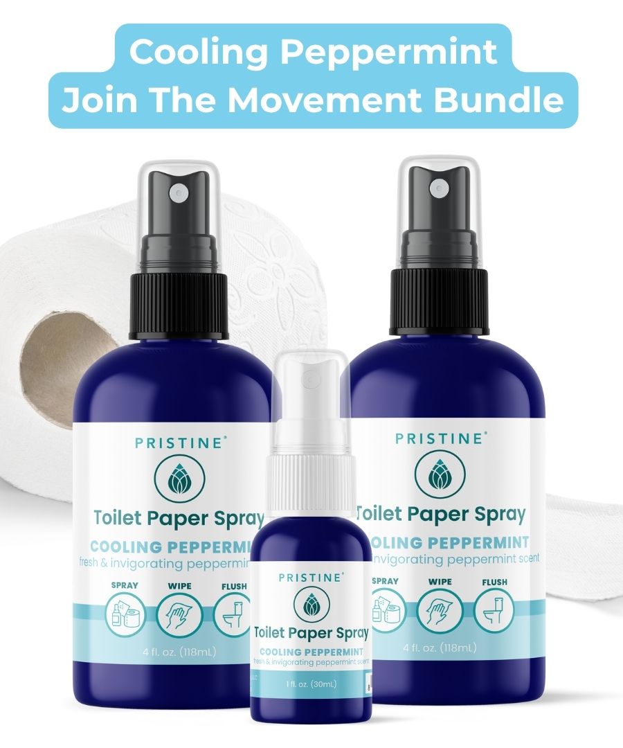 Two bottles of Pristine Toilet Paper Spray with a smaller bottle in the center on a white background.