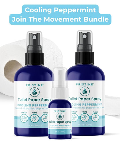 Two bottles of Pristine Toilet Paper Spray with a smaller bottle in the center on a white background.