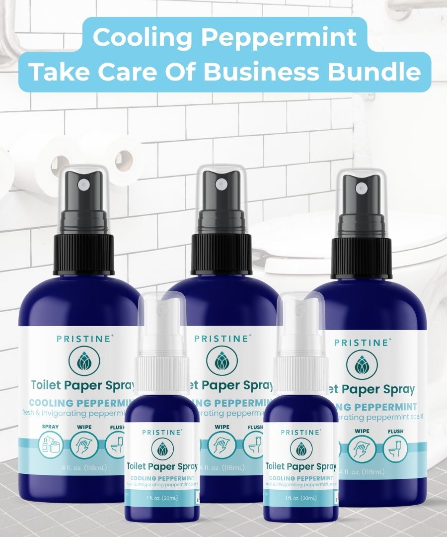 Bundle of Pristine Toilet Paper Spray wet wipe alternative bottles with toilet paper and toilet in background