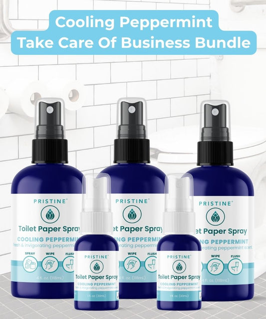 Bundle of Pristine Toilet Paper Spray wet wipe alternative bottles with toilet paper and toilet in background