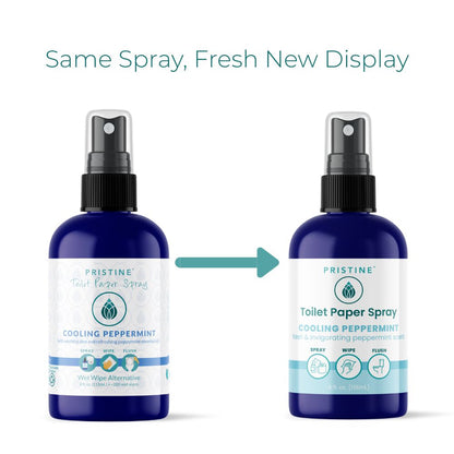 Two bottles of Pristine Toilet Paper Spray with a label change on a white background.