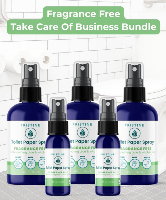 Set of Pristine Toilet Paper Sprays on a tiled bathroom floor background with text 'Fragrance Free Take Care Of Business Bundle'.