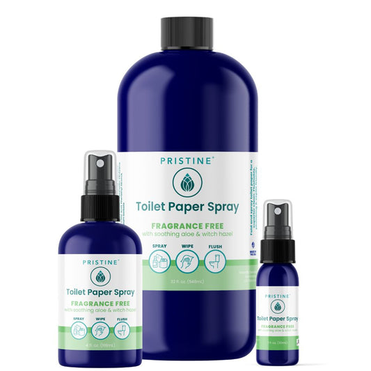 Three bottles of Pristine Toilet Paper Spray on a white background