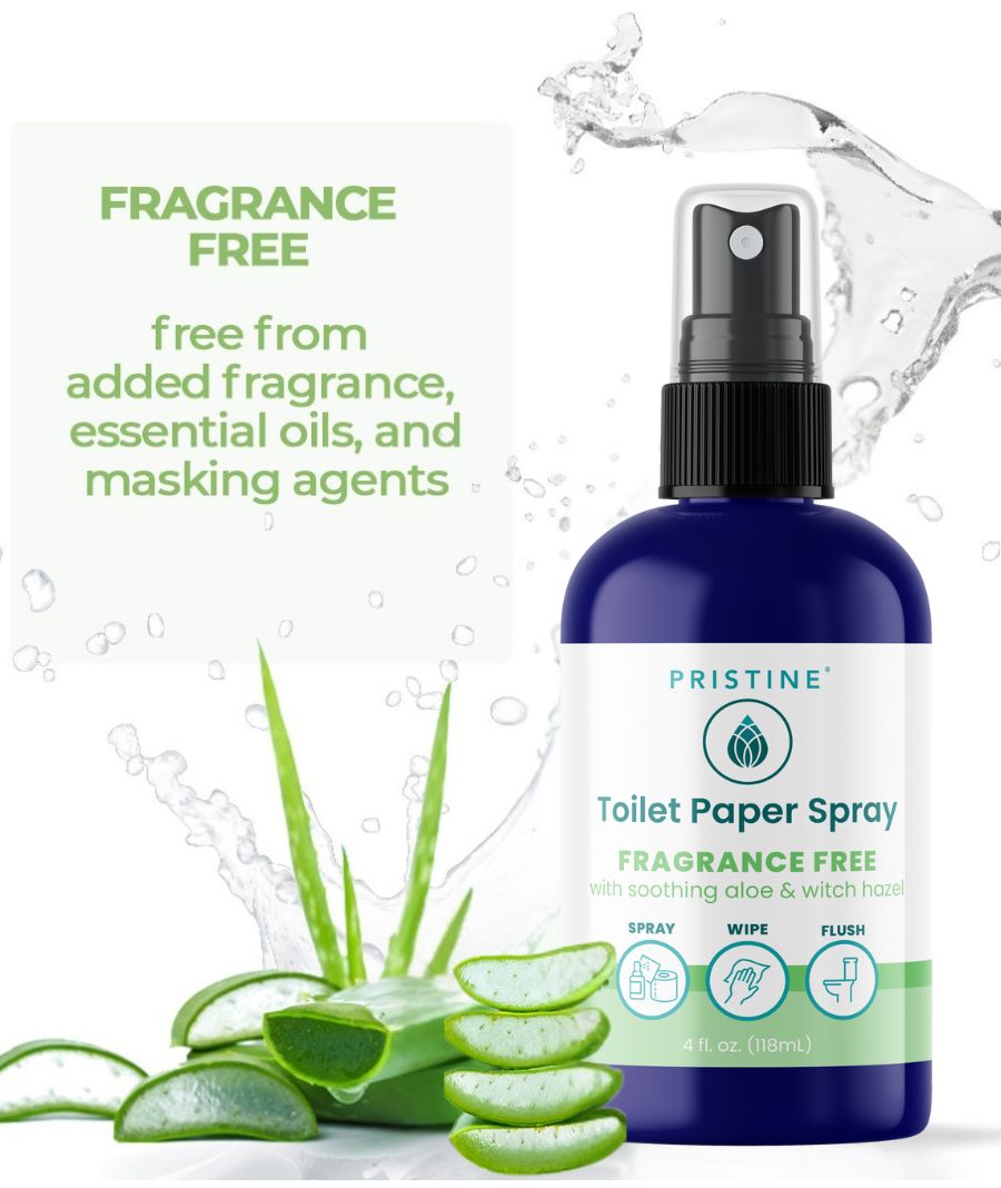 Pristine toilet paper spray bottle with aloe vera leaves on a white background