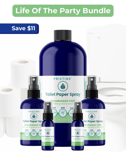 Pristine Toilet Paper Spray and related products with a 'Life of the Party Bundle' offer on a white background.