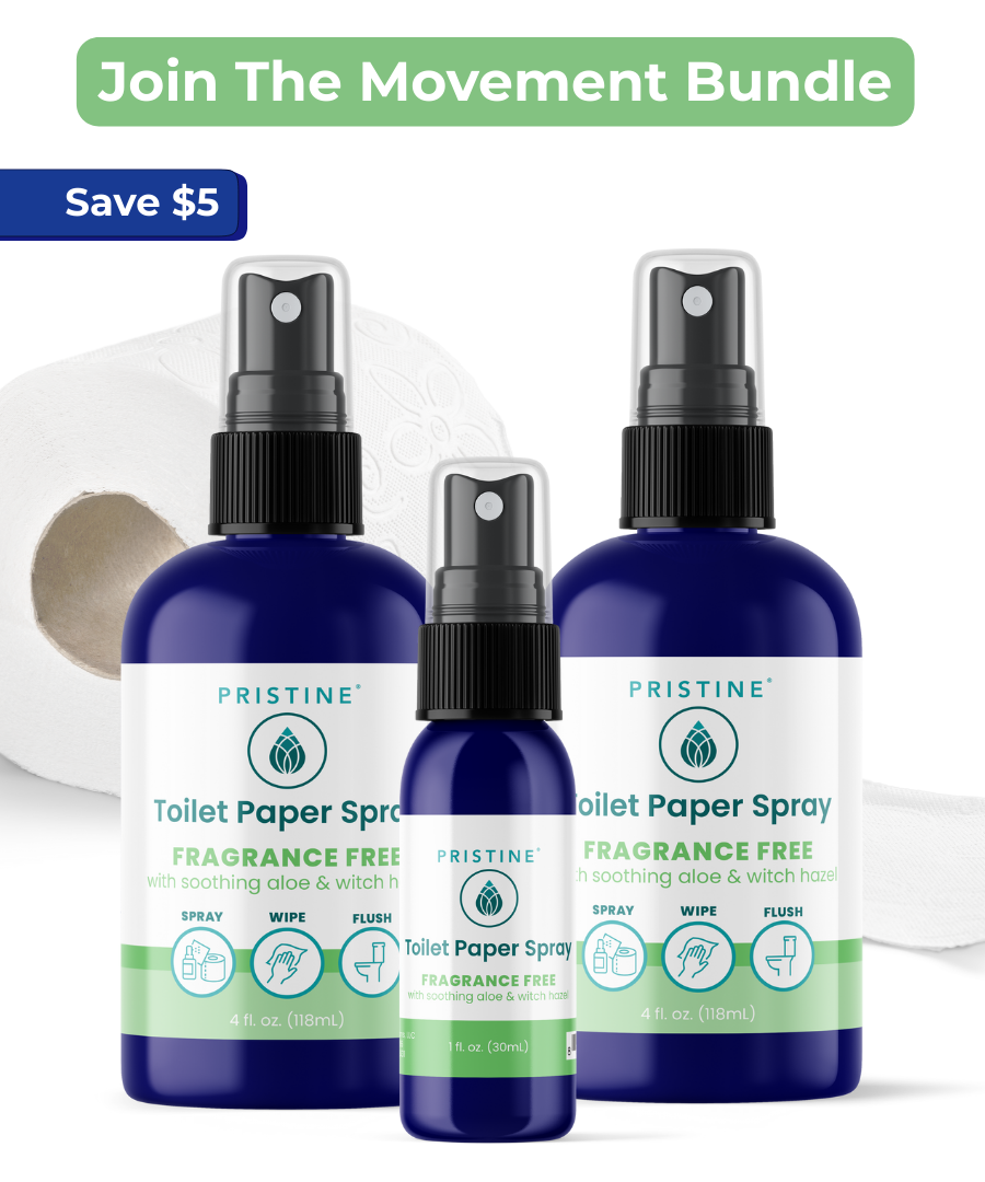 Three bottles of Pristine Toilet Paper Spray with a promotional banner above them.