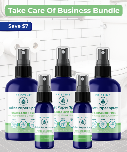Set of Pristine Toilet Paper Spray bottles with a promotional banner on a tiled bathroom floor background.