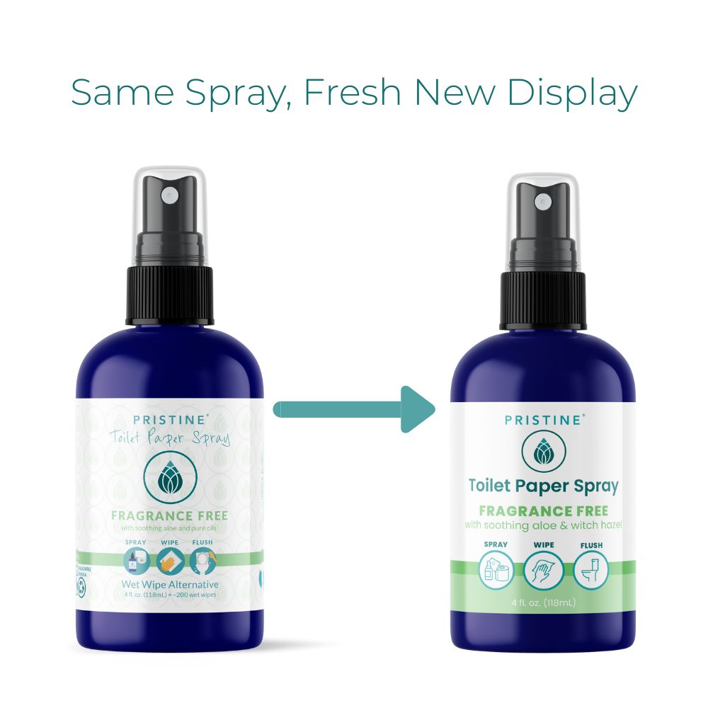 Two bottles of Pristine Toilet Paper Spray with a label indicating fragrance-free on a white background.