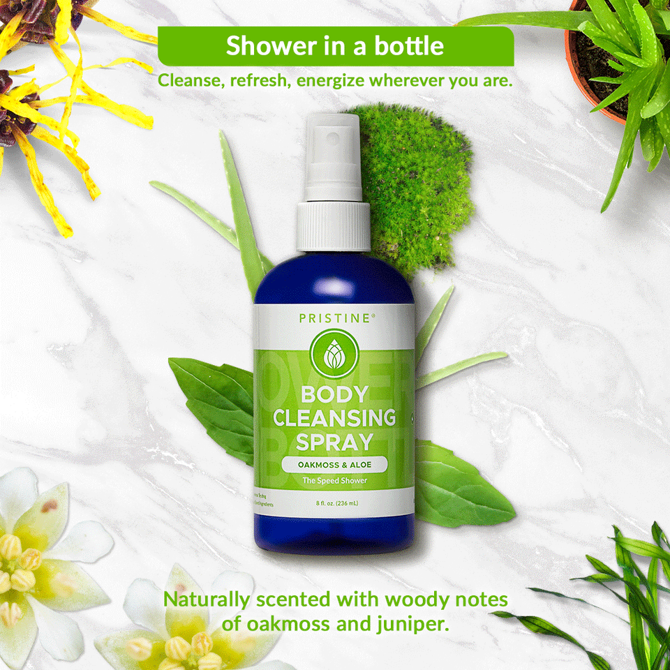 Pristine's body cleansing sprays Shower In A Bottle. Cleanse, refresh, energize, wherever you are. Ingredients of Aloe, witch hazel, chilean soap bark, kelp extract. Naturally scented with woodsy notes of oakmoss and juniper.