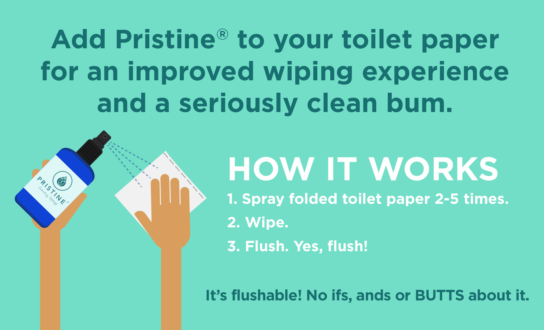 Pristine toilet paper spray, flushable alternative to wet wipes, won't clog pipes