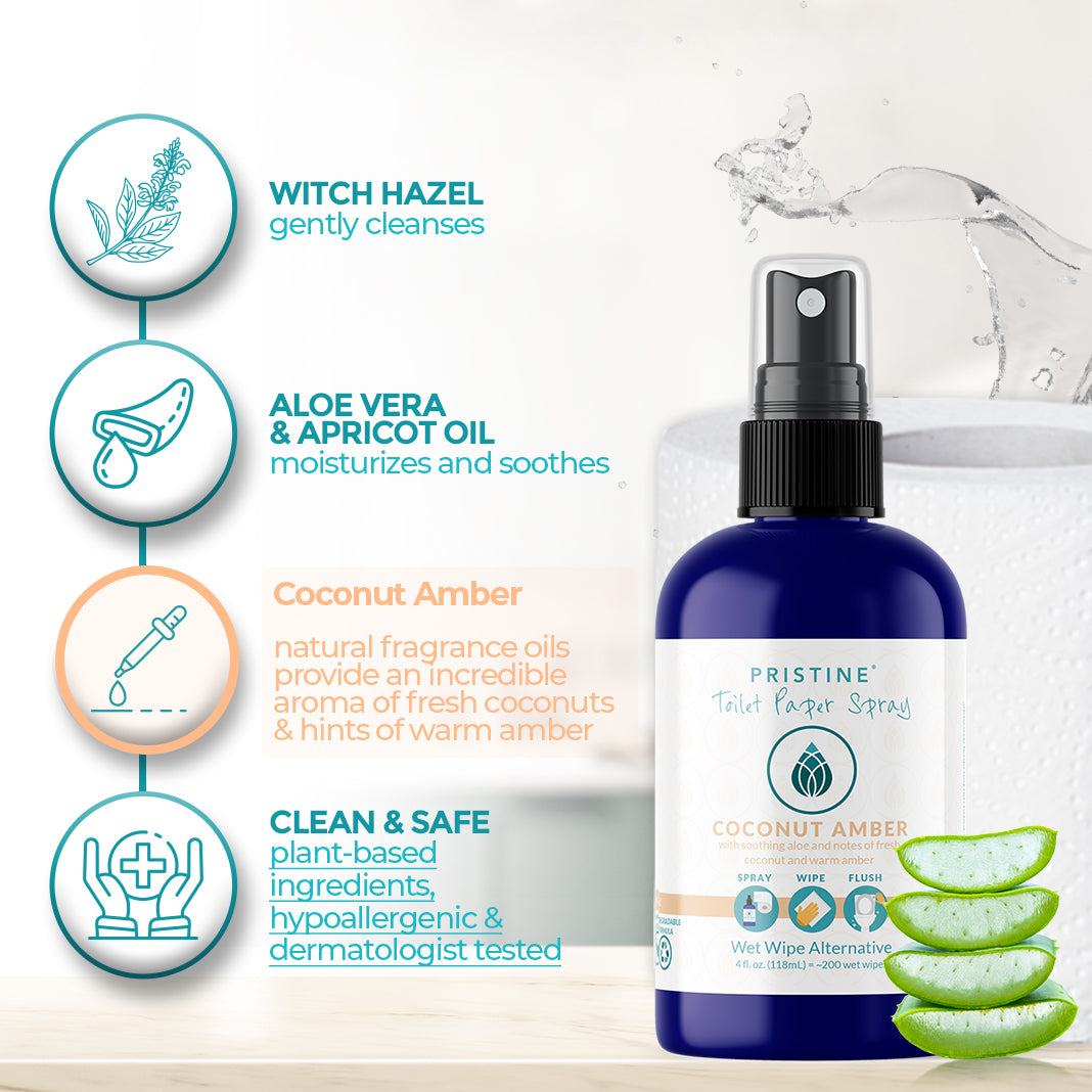 Toilet Paper Spray highlighted ingredients list also listed below on product page - witch hazel, aloe vera, Apricot oil, natural fragrance oil provides notes of fresh coconut and warm amber, hypoallergenic, dermatologist tested.