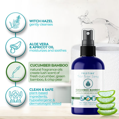 Toilet Paper Spray highlighted ingredients list also listed below on product page - witch hazel, aloe vera, Apricot oil, natural fragrance oil provides subtle scent of fresh cucumber, green bamboo, and crisp pear, hypoallergenic, dermatologist tested.