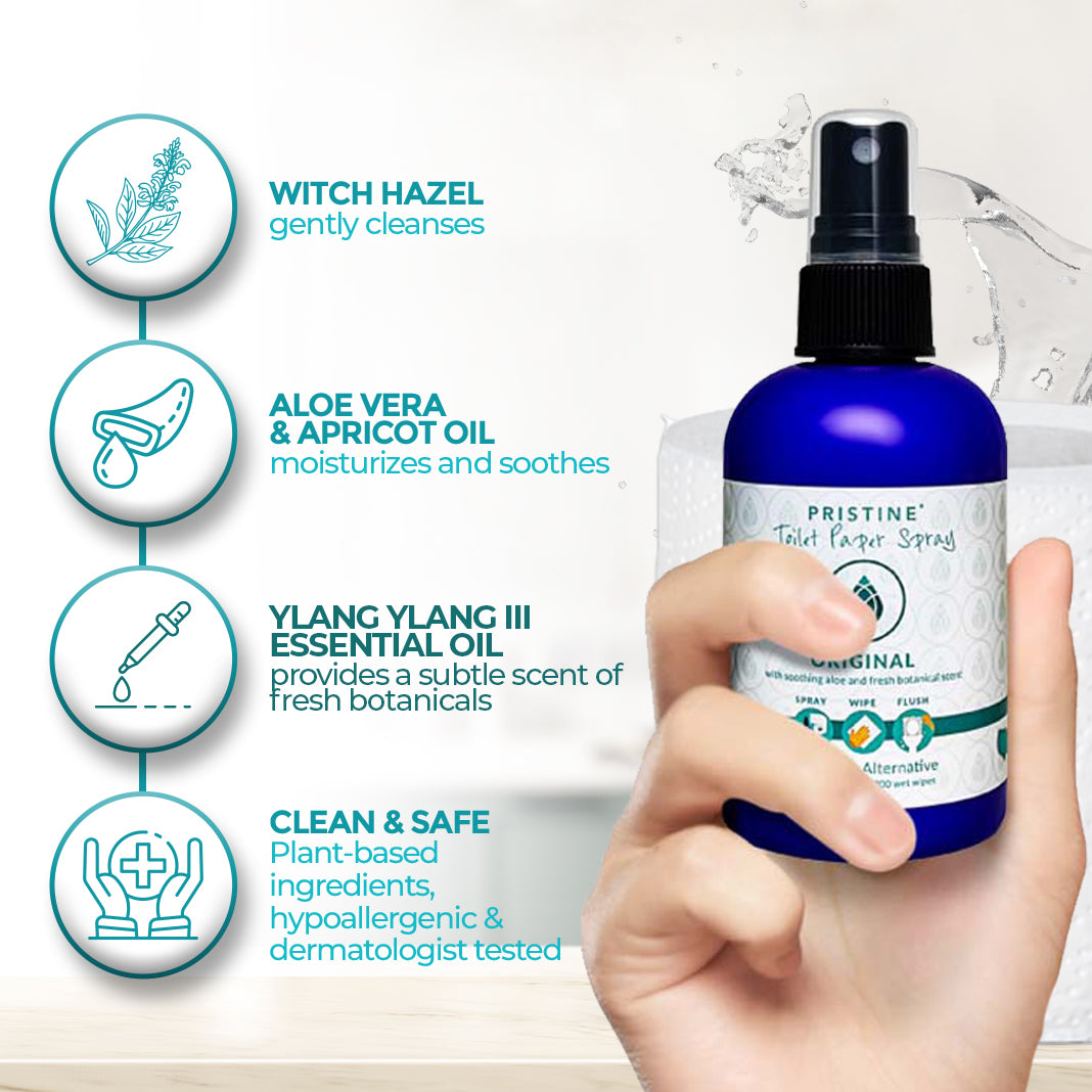 Toilet Paper Spray highlighted ingredients list also listed below on product page - witch hazel, aloe vera, Apricot oil, ylang ylang essential oil, hypoallergenic, dermatologist tested