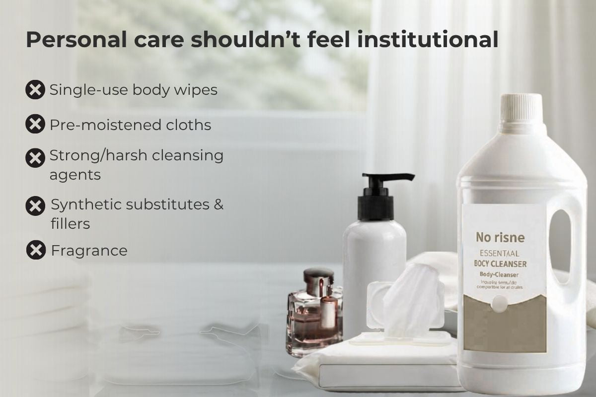 Generic bottles of fragrance and body washes, and wet wipe container, set to backdrop of countertop near window.
