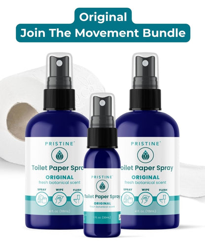 pristine toilet paper spray wet wipe alternative featured with rolls of toilet paper