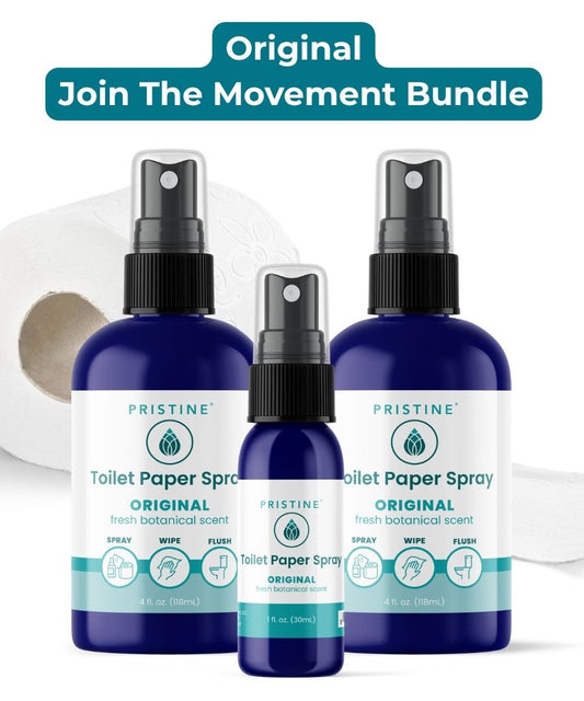 pristine toilet paper spray wet wipe alternative featured with rolls of toilet paper