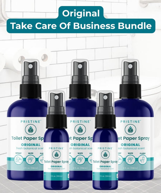 Set of Pristine Toilet Paper Spray bottles on a tiled bathroom floor background