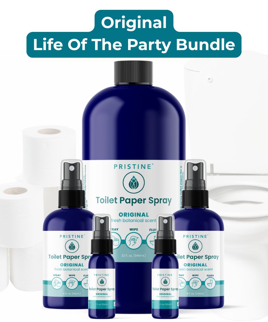 Pristine Toilet Paper Spray bottles and a large bottle with packaging on a white background.