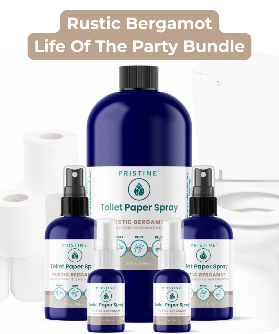 Pristine Toilet Paper Spray bottles with a roll of toilet paper and text 'Rustic Bergamot Life Of The Party Bundle' on a white background.