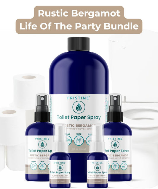 Pristine Toilet Paper Spray bottles with a roll of toilet paper and text 'Rustic Bergamot Life Of The Party Bundle' on a white background.