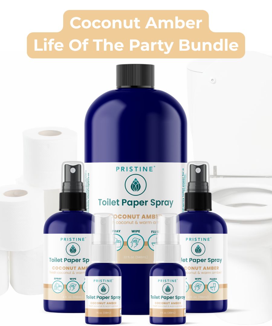 Pristine Toilet Paper Spray and Wipes with Coconut Amber Scent on a white background
