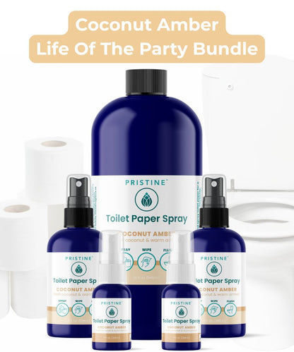 Pristine Toilet Paper Spray and Wipes with Coconut Amber Scent on a white background