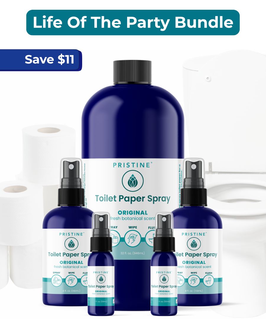 Pristine Toilet Paper Spray bundle with a large bottle and smaller spray bottles on a white background.