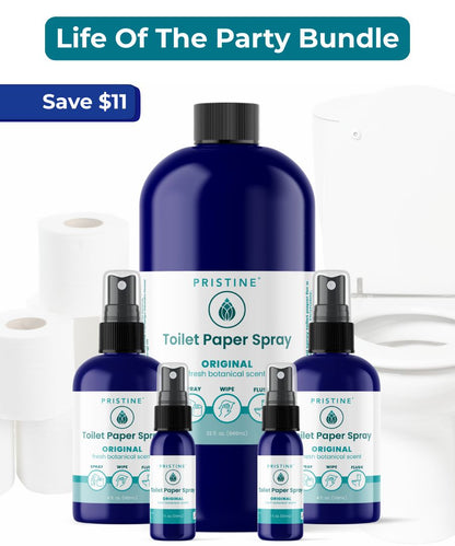 Pristine Toilet Paper Spray bundle with a large bottle and smaller spray bottles on a white background.