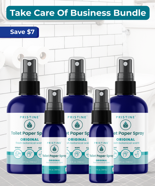 Set of Pristine Toilet Paper Spray bottles with a promotional banner on a bathroom background.