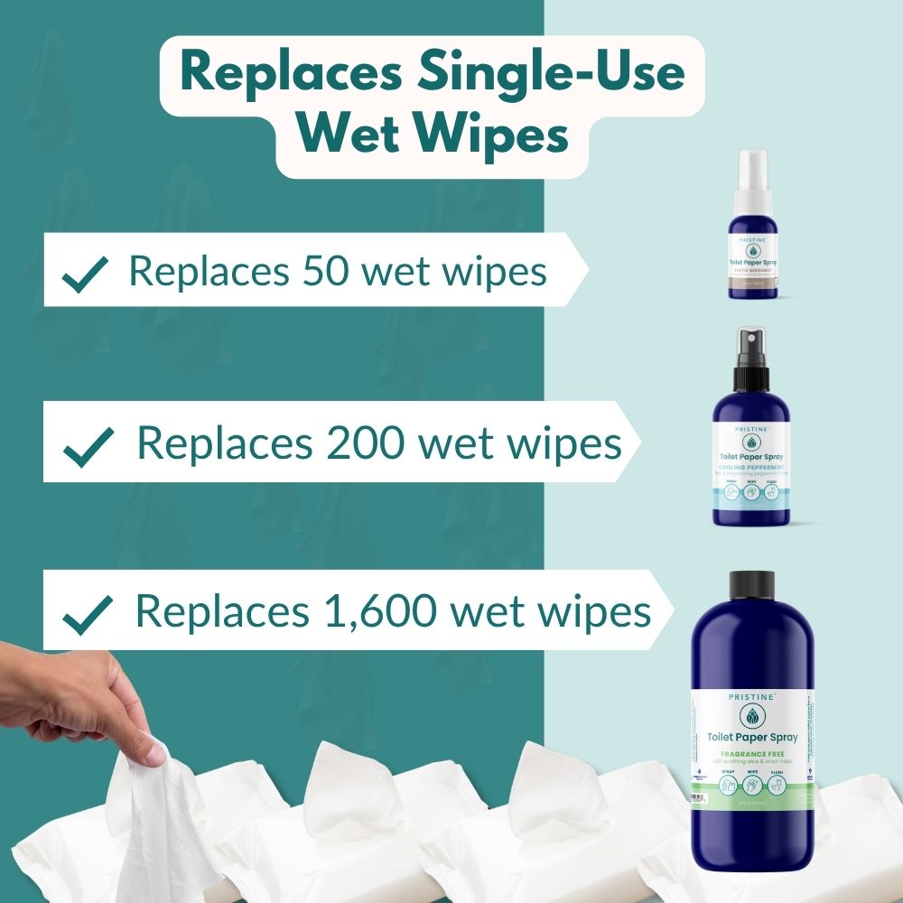 Toilet Paper Spray bottles in 3 sizes showing the amount of single-use wet wipes they can replace