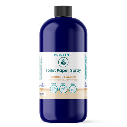 Pristine Toilet Paper Spray bottle with coconut amber scent on a white background