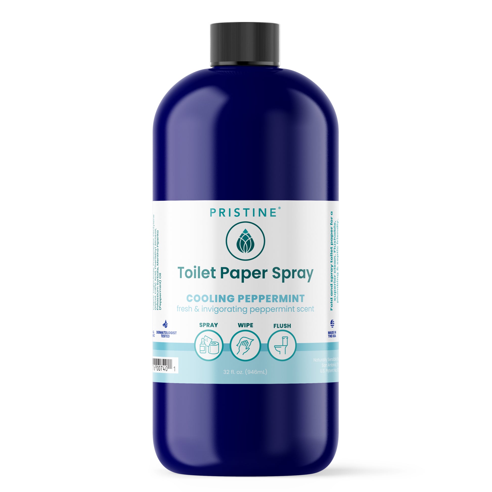 Bottle of Pristine Toilet Paper Spray on a white background