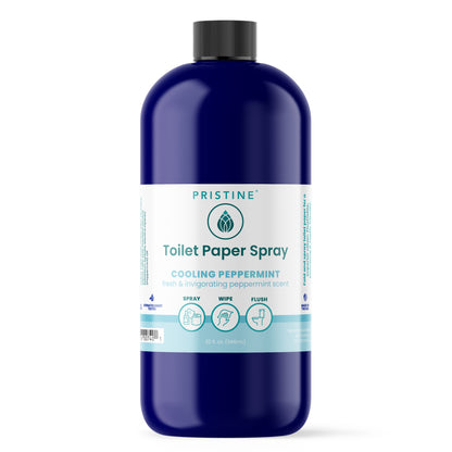 Bottle of Pristine Toilet Paper Spray on a white background